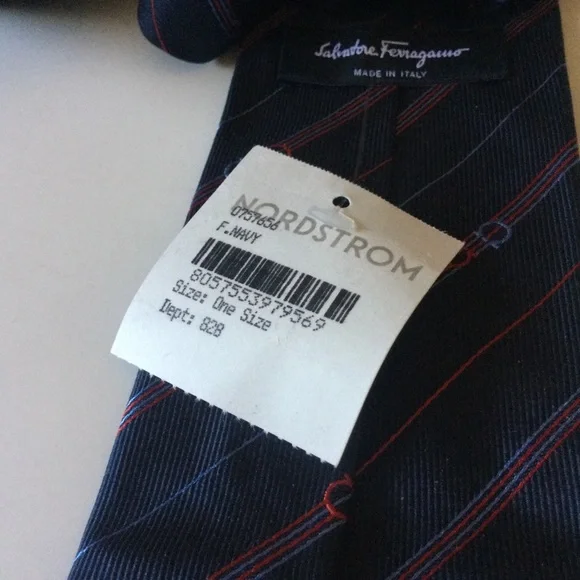 SALVATORE FERRAGAMO MENS SILK STRIPE TIE WITH LOGO NAVY BLUE NWT